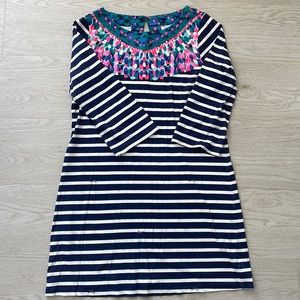 Lilly Pulitzer blue and white stripe dress with pattern yoke around neck size L